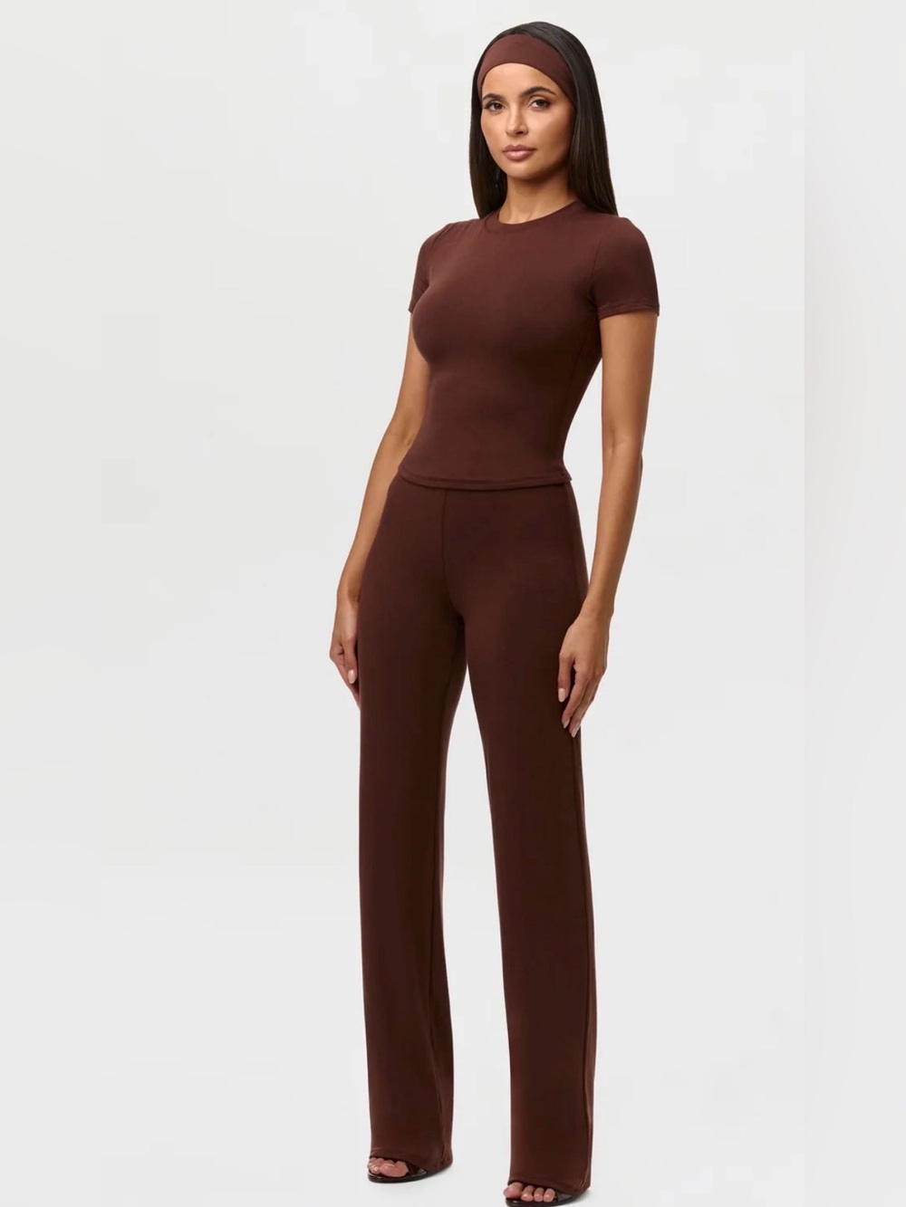 Naked Wardrobe High-Waisted Flare / Wide-Leg Pants in Chocolate/ Brown, Small